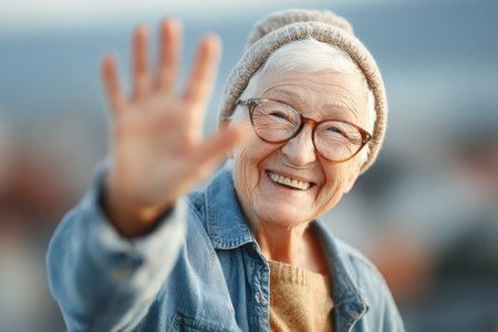 Smiling senior woman is waving her hand in a cozy outdoor environment, showing warmth and friendliness in soft natural light.の素材