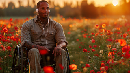 young man sits in a wheelchair wearing headphones and listening to music at sunset in a beautiful flower field and smiling. inclusion in society, a person in a wheelchair feels lonely.の素材