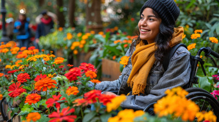 young woman sits in a wheelchair wearing headphones and listening to music at sunset in a beautiful flower field and smiling. inclusion in society, a person in a wheelchair feels lonely.の素材