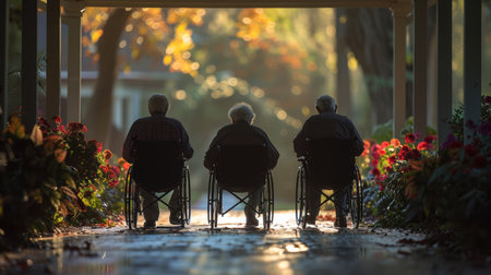 man sits in a wheelchair wearing headphones and listening to music at sunset. inclusion in society, a person in a wheelchair feels lonely.の素材
