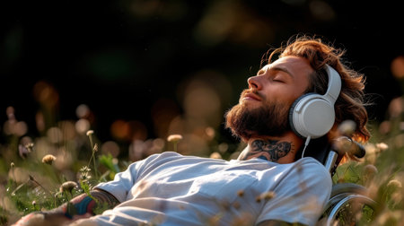 young man sits in a wheelchair wearing headphones and listening to music at sunset in a beautiful flower field and smiling. inclusion in society, a person in a wheelchair feels lonely.の素材