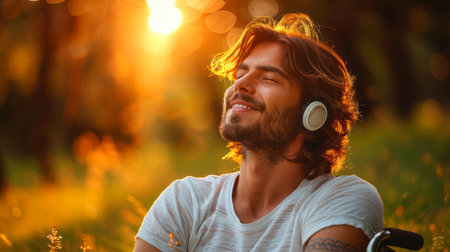 young man sits in a wheelchair wearing headphones and listening to music at sunset in a beautiful flower field and smiling. inclusion in society, a person in a wheelchair feels lonely.の素材