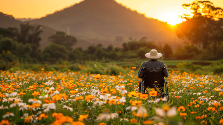 man sits in a wheelchair wearing headphones and listening to music at sunset. inclusion in society, a person in a wheelchair feels lonely.の素材