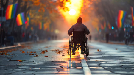 man sits in a wheelchair wearing headphones and listening to music at sunset. inclusion in society, a person in a wheelchair feels lonely.の素材