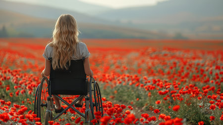 young woman sits in a wheelchair wearing headphones and listening to music at sunset in a beautiful flower field and smiling. inclusion in society, a person in a wheelchair feels lonely.の素材