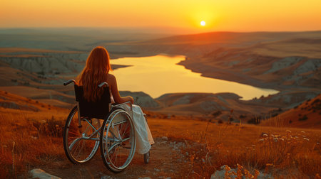 young woman sits in a wheelchair wearing headphones and listening to music at sunset in a beautiful flower field and smiling. inclusion in society, a person in a wheelchair feels lonely.の素材