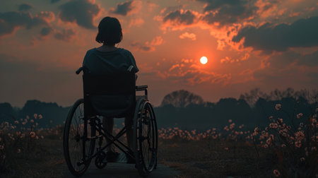 young woman sits in a wheelchair wearing headphones and listening to music at sunset in a beautiful flower field and smiling. inclusion in society, a person in a wheelchair feels lonely.の素材