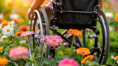 young woman sits in a wheelchair wearing headphones and listening to music at sunset in a beautiful flower field and smiling. inclusion in society, a person in a wheelchair feels lonely.の素材