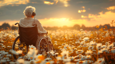 old woman sits in a wheelchair wearing headphones and listening to music at sunset in a beautiful flower field and smiling. inclusion in society, a person in a wheelchair feels lonely.の素材