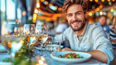 happy people celebrate New Year, celebrate Christmas. Holiday lights are burning. Fairytale atmosphereの素材