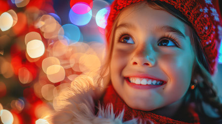 happy people celebrate New Year, celebrate Christmas. Holiday lights are burning. Fairytale atmosphereの素材