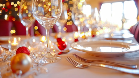 The table is elegantly set for celebrating Christmas or New Year. Lots of festive food, candles, beautiful plates and glasses of wine and champagneの素材
