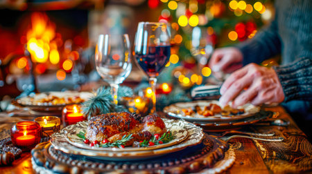The table is elegantly set for celebrating Christmas or New Year. Lots of festive food, candles, beautiful plates and glasses of wine and champagneの素材