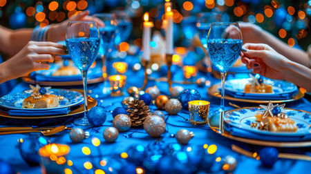 The table is elegantly set for celebrating Christmas or New Year. Lots of festive food, candles, beautiful plates and glasses of wine and champagneの素材