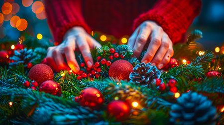 The table is elegantly set for celebrating Christmas or New Year. Lots of festive food, candles, beautiful plates and glasses of wine and champagneの素材