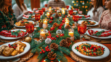 The table is elegantly set for celebrating Christmas or New Year. Lots of festive food, candles, beautiful plates and glasses of wine and champagneの素材