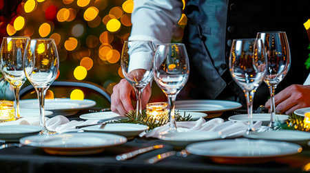 The table is elegantly set for celebrating Christmas or New Year. Lots of festive food, candles, beautiful plates and glasses of wine and champagneの素材