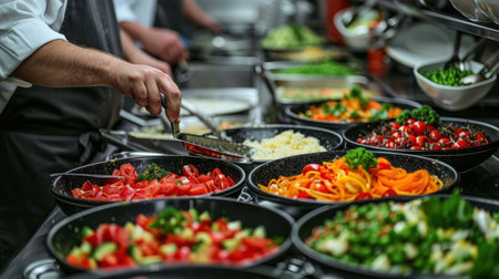 Fresh made Restaurant healthy food delivery in boxes for daily nutrition. bright appetizing variety of dishesの素材