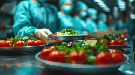 Fresh made Restaurant healthy food delivery in boxes for daily nutrition. bright appetizing variety of dishesの素材