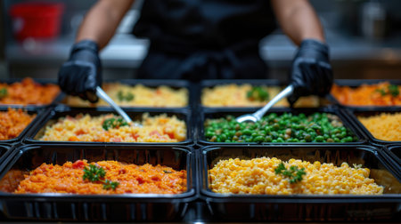 Fresh made Restaurant healthy food delivery in boxes for daily nutrition. bright appetizing variety of dishesの素材