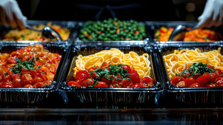Fresh made Restaurant healthy food delivery in boxes for daily nutrition. bright appetizing variety of dishesの素材