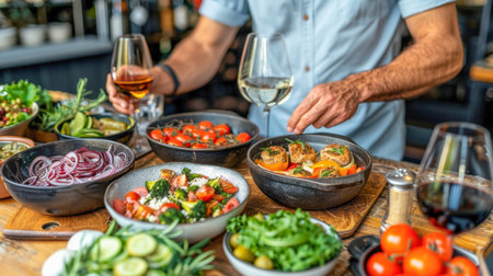 The table is elegantly set for celebrating Christmas or New Year. Lots of festive food, candles, beautiful plates and glasses of wine and champagneの素材