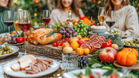 The table is elegantly set for celebrating Christmas or New Year. Lots of festive food, candles, beautiful plates and glasses of wine and champagneの素材