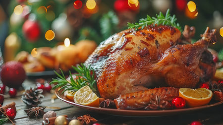 The table is elegantly set for celebrating Christmas or New Year. Lots of festive food, candles, beautiful plates and glasses of wine and champagneの素材