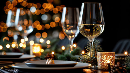 The table is elegantly set for celebrating Christmas or New Year. Lots of festive food, candles, beautiful plates and glasses of wine and champagneの素材