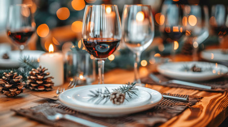 The table is elegantly set for celebrating Christmas or New Year. Lots of festive food, candles, beautiful plates and glasses of wine and champagneの素材