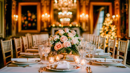 The table is elegantly set for celebrating Christmas or New Year. Lots of festive food, candles, beautiful plates and glasses of wine and champagneの素材
