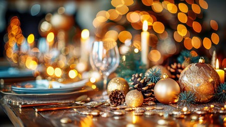 The table is elegantly set for celebrating Christmas or New Year. Lots of festive food, candles, beautiful plates and glasses of wine and champagneの素材