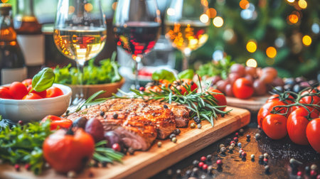 The table is elegantly set for celebrating Christmas or New Year. Lots of festive food, candles, beautiful plates and glasses of wine and champagneの素材