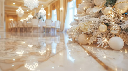 The table is elegantly set for celebrating Christmas or New Year. Lots of festive food, candles, beautiful plates and glasses of wine and champagneの素材