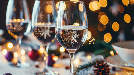The table is elegantly set for celebrating Christmas or New Year. Lots of festive food, candles, beautiful plates and glasses of wine and champagneの素材