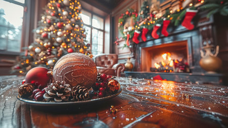 The table is elegantly set for celebrating Christmas or New Year. Lots of festive food, candles, beautiful plates and glasses of wine and champagneの素材