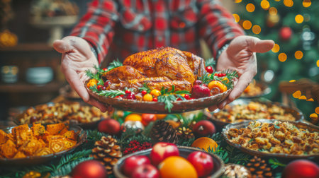 The table is elegantly set for celebrating Christmas or New Year. Lots of festive food, candles, beautiful plates and glasses of wine and champagneの素材