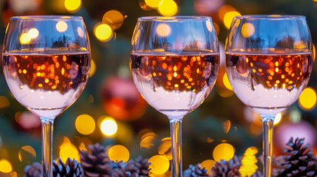 The table is elegantly set for celebrating Christmas or New Year. Lots of festive food, candles, beautiful plates and glasses of wine and champagneの素材