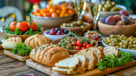 The table is elegantly set for celebrating Christmas or New Year. Lots of festive food, candles, beautiful plates and glasses of wine and champagneの素材