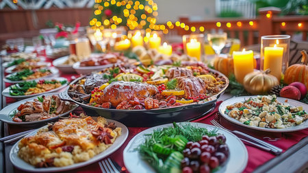 The table is elegantly set for celebrating Christmas or New Year. Lots of festive food, candles, beautiful plates and glasses of wine and champagneの素材