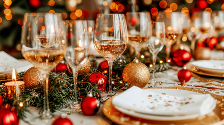 The table is elegantly set for celebrating Christmas or New Year. Lots of festive food, candles, beautiful plates and glasses of wine and champagneの素材