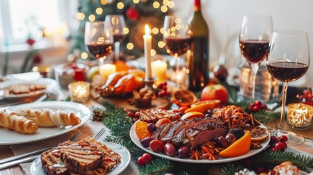The table is elegantly set for celebrating Christmas or New Year. Lots of festive food, candles, beautiful plates and glasses of wine and champagneの素材