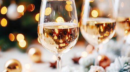 The table is elegantly set for celebrating Christmas or New Year. Lots of festive food, candles, beautiful plates and glasses of wine and champagneの素材