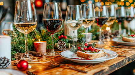 The table is elegantly set for celebrating Christmas or New Year. Lots of festive food, candles, beautiful plates and glasses of wine and champagneの素材
