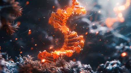 DNA molecule model close-up blue color background futuristic theme. Human health. Brain researchの素材