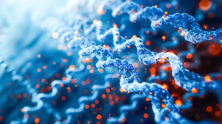 DNA molecule model close-up blue color background futuristic theme. Human health. Brain researchの素材