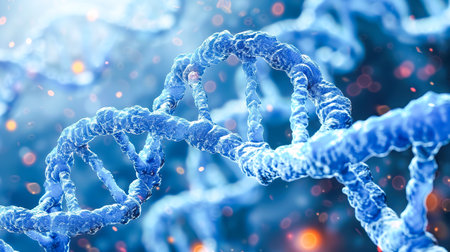 DNA molecule model close-up blue color background futuristic theme. Human health. Brain researchの素材
