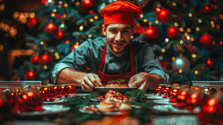 happy parents and children, friends celebrate Christmas and New Year in the warm atmosphere of a beautiful holiday. Lights on the Christmas tree in the background, balls and decorations.の素材