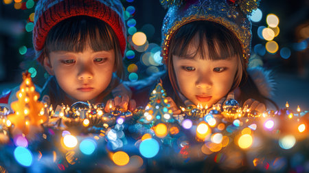happy parents and children, friends celebrate Christmas and New Year in the warm atmosphere of a beautiful holiday. Lights on the Christmas tree in the background, balls and decorations.の素材