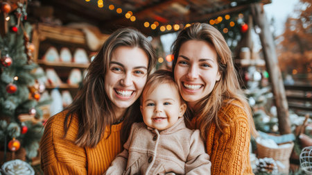 happy parents and children, friends celebrate Christmas and New Year in the warm atmosphere of a beautiful holiday. Lights on the Christmas tree in the background, balls and decorations.の素材